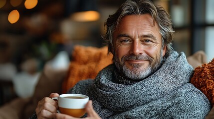  Happy middle aged man holding coffee cup relaxing on couch at home. Smiling mature older man drinking tea looking at camera sitting on cozy sofa chilling in modern kitchen living room. Portrait. 