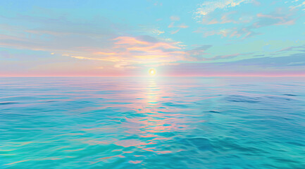 calm sea, with calm blue water and a light pink and turquoise sky. 
