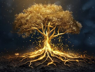 On a dark textured background, a golden tree with roots is artistically depicted, embodying the concepts of growth, strength, and resilience.
