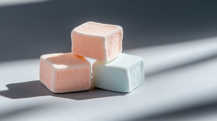 Dramatic chiaroscuro image of fruit marshmallows illuminated by light.