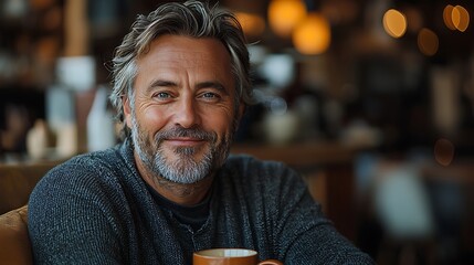  Happy middle aged man holding coffee cup relaxing on couch at home. Smiling mature older man drinking tea looking at camera sitting on cozy sofa chilling in modern kitchen living room. Portrait. 