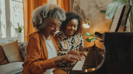 Obraz premium Two women play the piano together, sharing joy and laughter in a warm, inviting space filled with sunlight