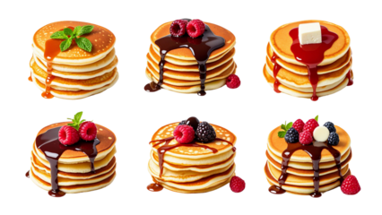 Collection of pancake stacks with different toppings (maple, raspberry, chocolate syrup)...