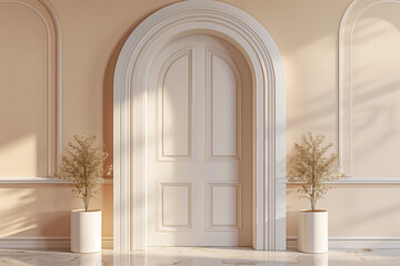 Arched door with light beige background and warm light 