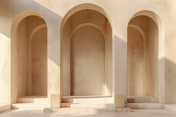 Obraz premium Arched door with light beige background and warm light 