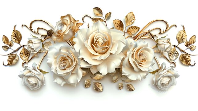 Elegant gold and white roses arranged in a decorative frame on a white background