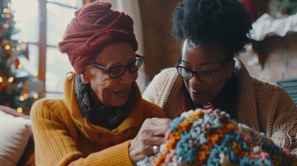Obraz premium Grandmother and granddaughter share laughter, making a colorful crochet blanket together in a cozy holiday atmosphere
