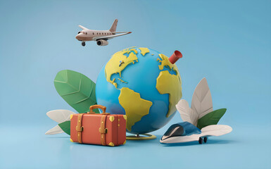 3D rendering globe pin map and suitcase with flight plane travel tourism plane trip planning world tour holiday summer concept