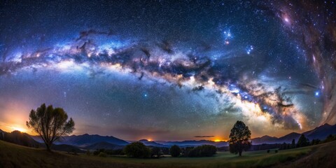 Fototapeta premium Milky Way Over Mountains and Trees - A Night Sky Panorama, Milky Way, Night Sky, Landscape, Nature