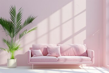 Contemporary Pink Sofa Breathing Freshness in a Minimalist Room With Pastel Walls and a White Floor