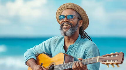 A man wearing a straw hat and sunglasses is playing a guitar on a beach. He is smiling and he is enjoying himself.