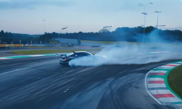 Car Drifting on Race Track, Aerial View