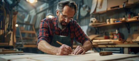Fototapeta premium Skilled Craftsman Working in a Woodshop, Focused on Precision Woodworking in a Rustic Workshop Setting
