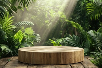 Wooden Podium Surrounded by Lush Green Plants in a Serene Outdoor Setting