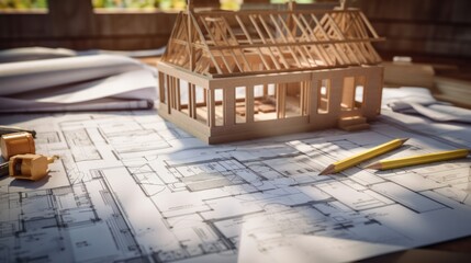 A close-up of architectural blueprints on a drafting table with a partially constructed house and construction tools in the background. 