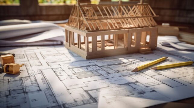A close-up of architectural blueprints on a drafting table with a partially constructed house and construction tools in the background. 