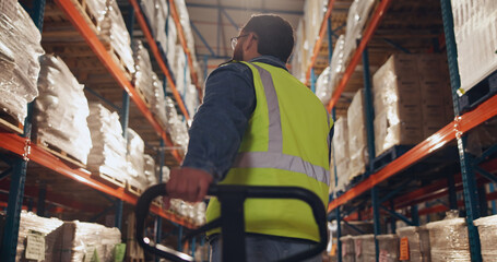 Box, storage and man with trolley in warehouse for supply chain, logistics and inventory...