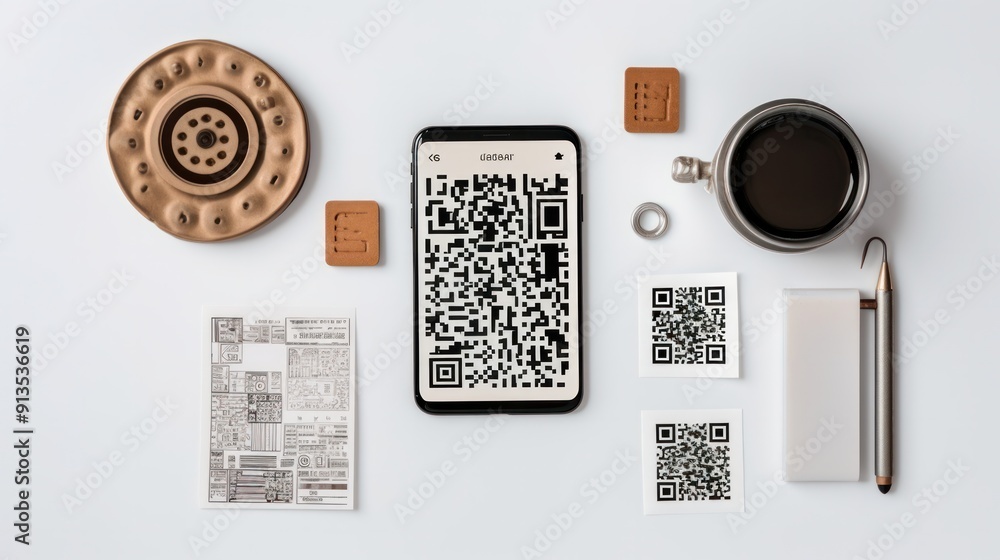 Wall mural A creative flat lay of a QR code icon on a white desk with office supplies around, showing a smartphone with the QR code scanning application open