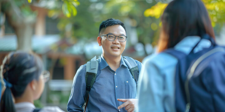 Three young adults engage in a friendly conversation outdoors, creating a positive and casual atmosphere.. asian man