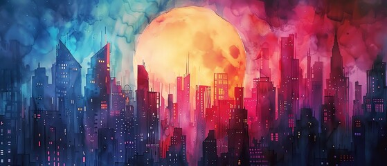 Futuristic cityscape with towering buildings and a glowing moon, vibrant colors,watercolor