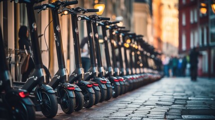 Fototapeta premium A dynamic scene of a fleet of electric scooters parked in a row on a city street, highlighting the modern and eco-friendly options available