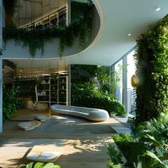 Modern ecofriendly living room with lush greenery,
An office background with a sky garden sanctuary