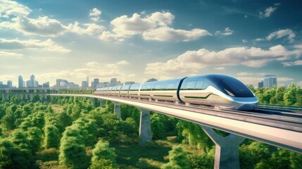 A high-speed maglev train gliding silently along an elevated track over a green landscape, with a city skyline in the distance, emphasizing innovative and eco-friendly transportation solutions.