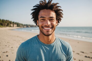 Portrait of happy biracial man looking at camera and smiling on beach
