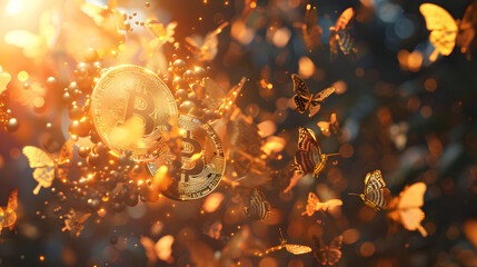 Golden Bitcoin dissolving into a swarm of digital butterflies, symbolizing the freedom and potential offered by cryptocurrency