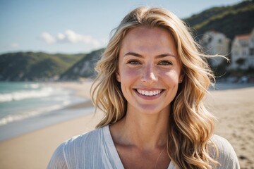 Portrait of smiling woman with blond hair on beach