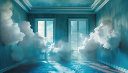 Surreal Blue Room With Clouds Streaming Through Windows at Daytime