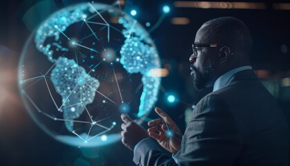 Businessman Analyzing Global Network with Holographic Earth