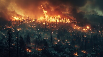 Fototapeta premium Intense Wildfire Raging Through Forest and Residential Area at Night with Dramatic Flames and Smoke