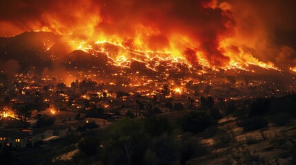 Fototapeta premium Intense Wildfire Raging Across Hills Near Residential Area at Night with Glowing Flames and Thick Smoke