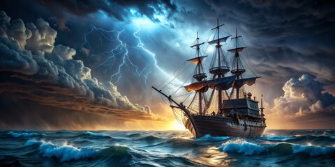 Fototapeta premium Sailing Through the Storm, Digital Art, Ship in Stormy Sea, Lightning Strikes, Dramatic Clouds, sea, storm