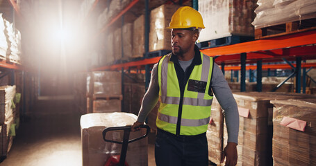 Logistics, box and man with trolley in warehouse for supply chain, packaging or inventory...