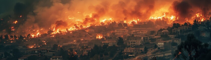 Obraz premium Intense Wildfire Raging Through Residential Area with Thick Smoke and Flames Engulfing Homes