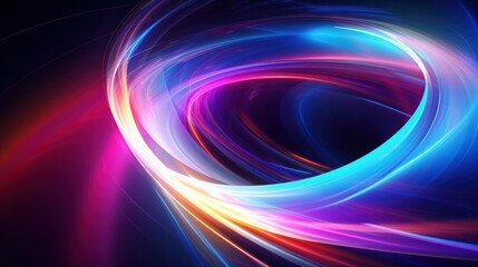 An abstract image showcasing colorful light trails from spinning neon lights against a dark background, creating dynamic patterns of blue, pink,