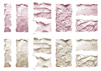 Set of pastel light pink beige cream crushed wrinkle scrunch torn strips pieces paper, old tear crumple rip edges on transparent cutout, PNG. Many different design. Mockup template artwork