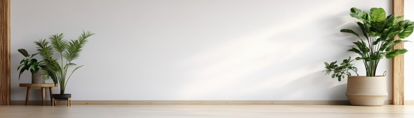 Fototapeta premium A serene interior showcasing a minimalist design with green plants and a bright, empty wall, perfect for relaxation and inspiration.