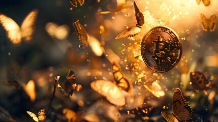 Golden Bitcoin Dissolving into Digital Butterflies: Representing the Freedom and Potential of Cryptocurrency