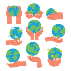 Set of hands holding earth globe set collection, save the planet concept, Earth day and ecology concept, earth in hands, protecting our earth planet, Saving the planet,environment, Sustainability.