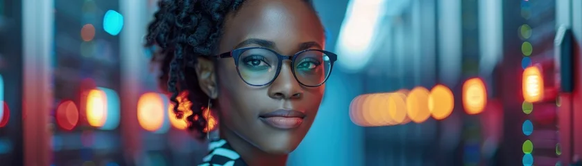 Confident Professional Woman in Glasses Standing in a Modern Data Center with Colorful LED Lights © Sunshine