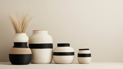 A diverse collection of baskets made from different reed thicknesses, displayed artistically in a modern studio setting