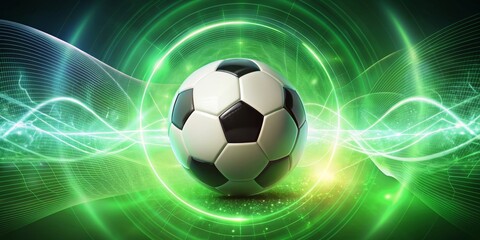 Naklejka premium Soccer Ball in Green Abstract Light, Soccer, Sport, Abstract, Futuristic