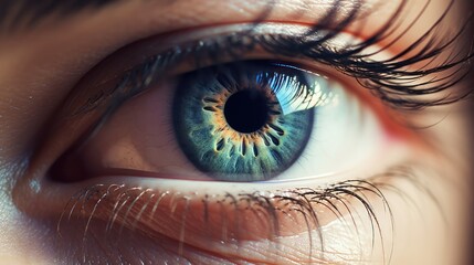 Naklejka premium Detailed macro shot of a female eye, focusing on the long, curled eyelashes and the rich textures of the iris and pupil. The eye is surrounded by well-groomed eyebrows and a hint of eyeshadow