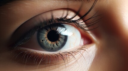 Fototapeta premium Detailed macro shot of a female eye, focusing on the long, curled eyelashes and the rich textures of the iris and pupil. The eye is surrounded by well-groomed eyebrows and a hint of eyeshadow