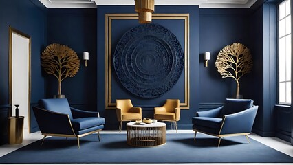 Modern minimalist living room with dark blue accent wall and golden accents
