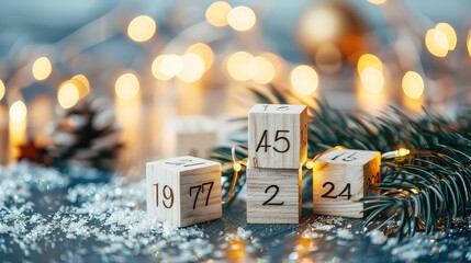 Wooden blocks with numbers 19, 77, 45, 2, and 24, on a table with a pine branch in the background and bokeh lights.