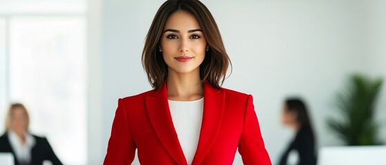 An Asian professional woman in a vibrant red suit, leading a diverse team in a modern office, exuding confidence and leadership